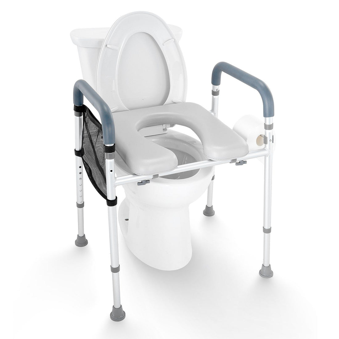 Adjustable-raised-toilet-seat-with -padded-armrests-and-storage bag