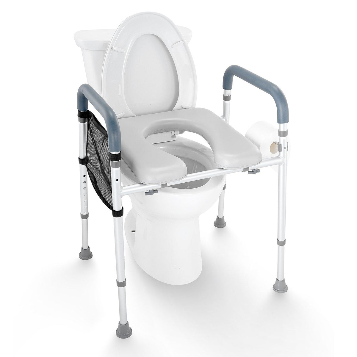 Adjustable-raised-toilet-seat-with -padded-armrests-and-storage bag