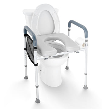 Adjustable-raised-toilet-seat-with -padded-armrests-and-storage bag